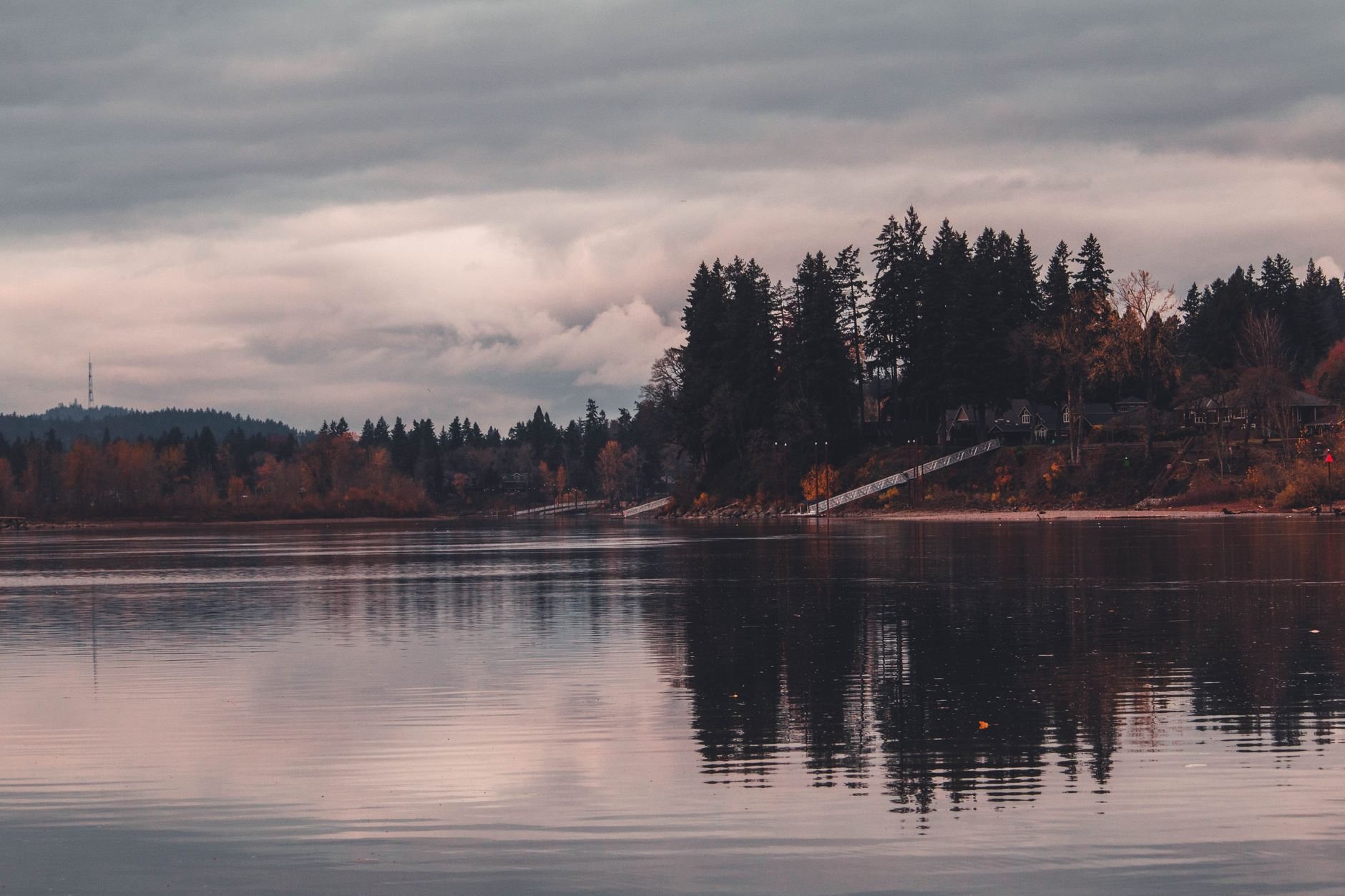 Tranquil tree-lined waterway in West Linn, Oregon.